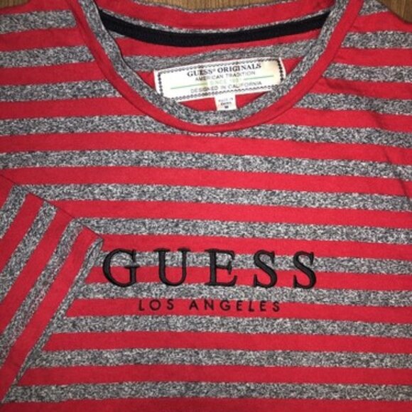 GUESS Originals T-Shirt Medium Red Gray Striped Logo Graphic Short Sleeve Mens - Picture 1 of 10